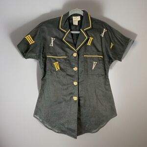 Vintage Black Linen Eighties Roman Numerals Pearl Gold Shell Button Top Shirt 4‎